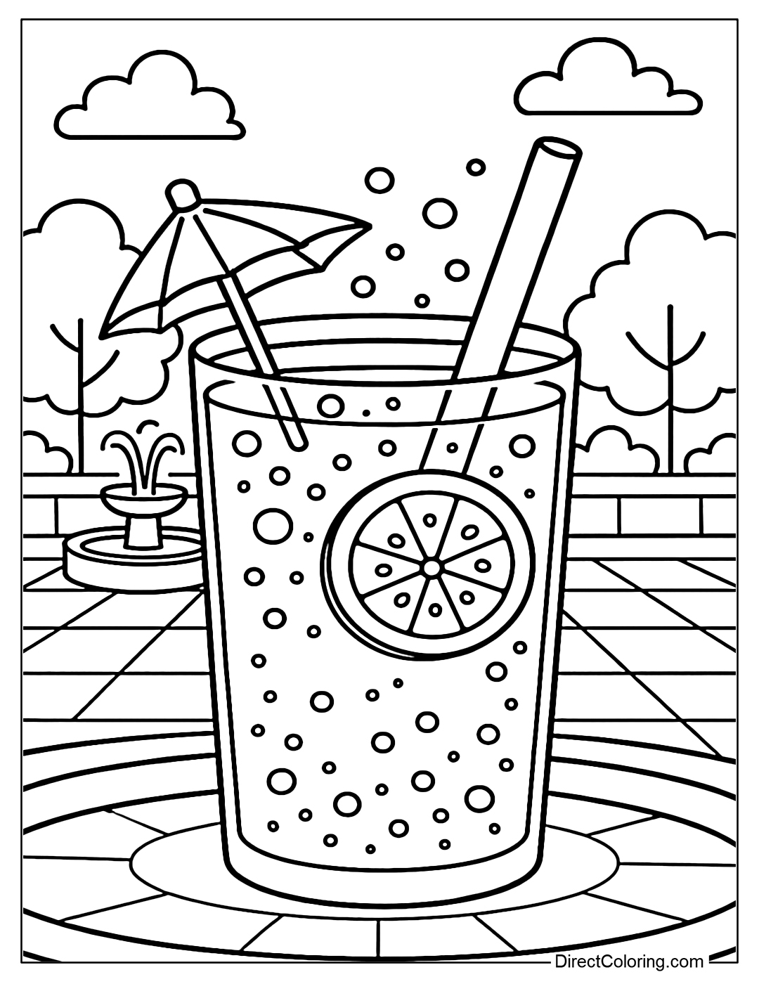 Coloring page of orange and lemon juice with air bubbles, fruit slices floating inside, square with fountain in the background.